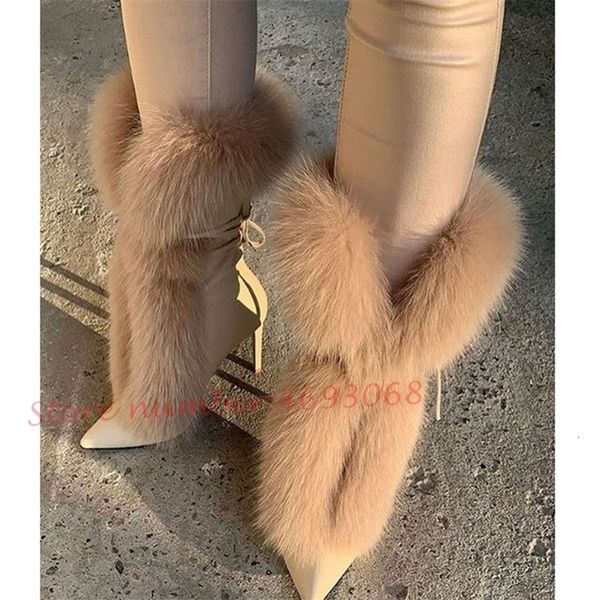 Botas Fluff Pointy Mulheres Tornozelo Est Branco Pele Alta Stiletto Saltos Laceup Feminino Luxo Deslizamento em Sapatos de Moda 231214