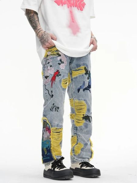 Jeans masculinos pintura chinesa bordado remendo denim rasgado para homens streetwear lavado destruído plissado borlas reto jean masculino 231214