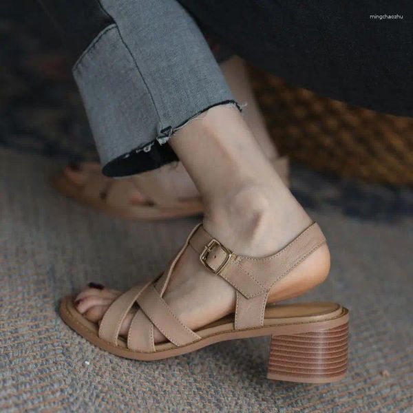 Sandálias estilo romano senhoras sapatos gladiador salto grosso retro verão vintage pele de carneiro mulheres em 5 cm