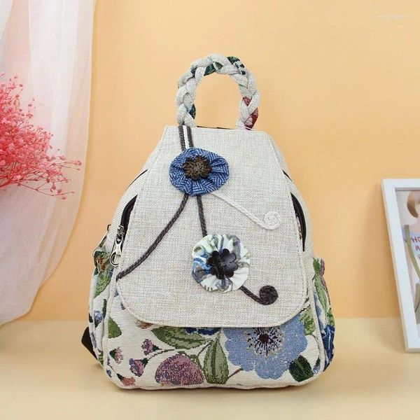 Bolsas escolares atacado fábrica vintage string apliques mochilas femininas! impressões agradáveis boêmio multi-zíperes mochila superior lona backruck