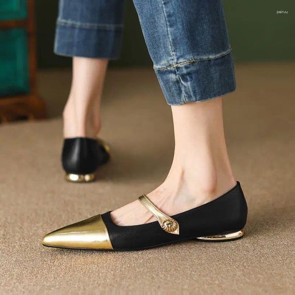 Kleidschuhe 9 Jahre alt Kaufen Sie echtes Leder Damen Heels Frühling Gold spitze Zehen High-End-Mode weiblich niedriger Absatz