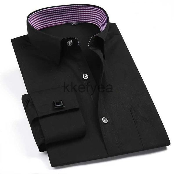 Camicie eleganti da uomo Qualità Nuovi polsini francesi classici da uomo Camicia elegante da uomo Tasca singola a toppa Manica lunga Party WeddShirts (gemello incluso) J231215