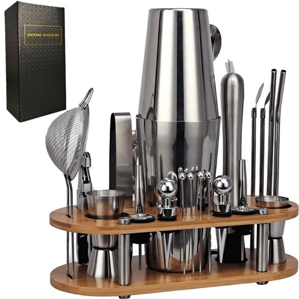 Bar Tools 23-teiliges Cocktail-Shaker-Set, Barkeeper-Set mit ovalem Bambusständer, abnehmbare Home-Bar-Tools aus Edelstahl, perfektes Geschenk 231214