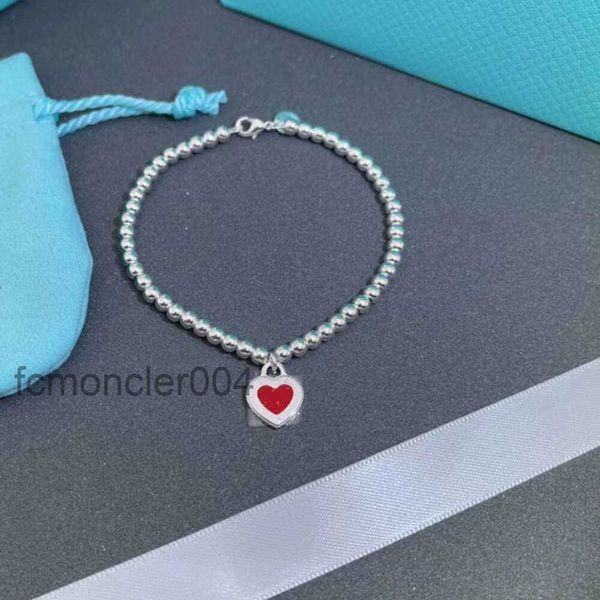 Bracciale rigido t Argento sterling 925 con colla a goccia Rivetto Cuore Bracciale con perline rotonde da 4 mm Tee Love Smalto Folla SB1N