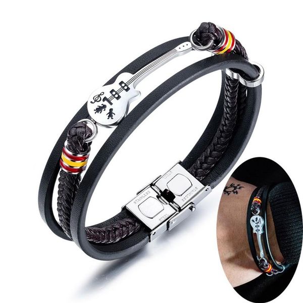 Aço inoxidável mini guitarra pulseiras de couro para homens punk personalizado corda de couro genuíno pulseira música charme moda jóias gi269p