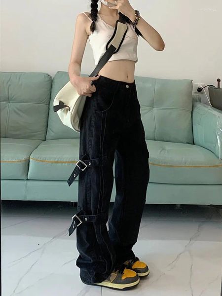 Jeans da donna HOUZHOU Y2K Cyber Punk Fasciatura Donna Hippie gotico Streetwear Pantaloni cargo neri Oversize Harajuku Grunge Pantaloni larghi