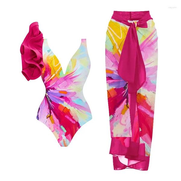 Costumi da bagno da donna con stampa floreale con scollo a V e volant Costume intero e gonna per donna 2023 Costume da bagno vintage da spiaggia femminile estivo