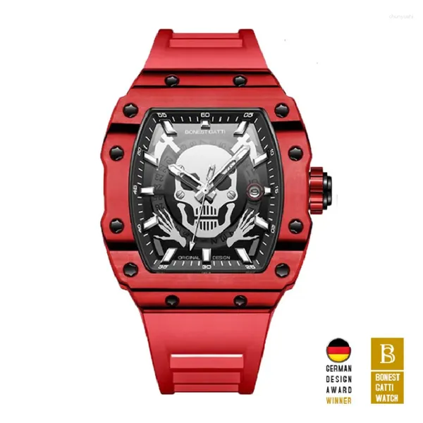 Armbanduhren Bonest Gatti Herren Automatikuhr Luxus Tonneau Mechanische Armbanduhr Kohlefaser Lünette Titangehäuse Saphir Schädel Leuchtend