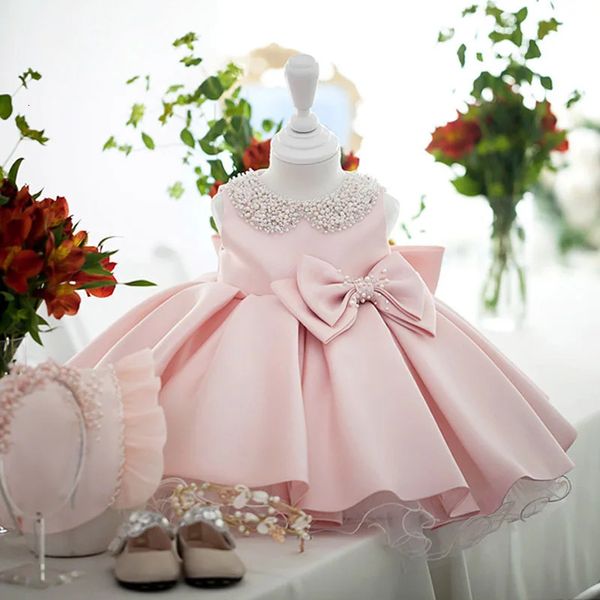 Mädchenkleider Kleinkind Weiß Hochzeit Satin Prinzessin Baby Mädchen Kleid Schleife 1 Jahr Geburtstag Abendparty geborenTaufe für Kleidung 231215