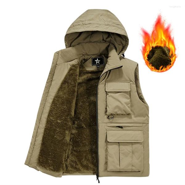 Gilet da uomo 2024 Gilet invernale da carico in pile spesso Giacca senza maniche calda con cappuccio Cappotto tattico Tasche da uomo Abbigliamento da lavoro Gilet da esterno