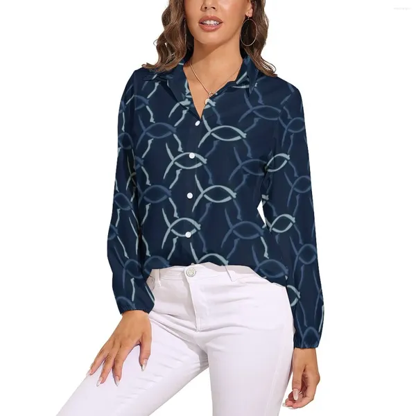 Женские блузки с принтом цепочки, свободная блузка цвета индиго, синяя сетка, уличная одежда, женская рубашка большого размера с длинными рукавами, эстетичная рубашка, весенний дизайн, топ