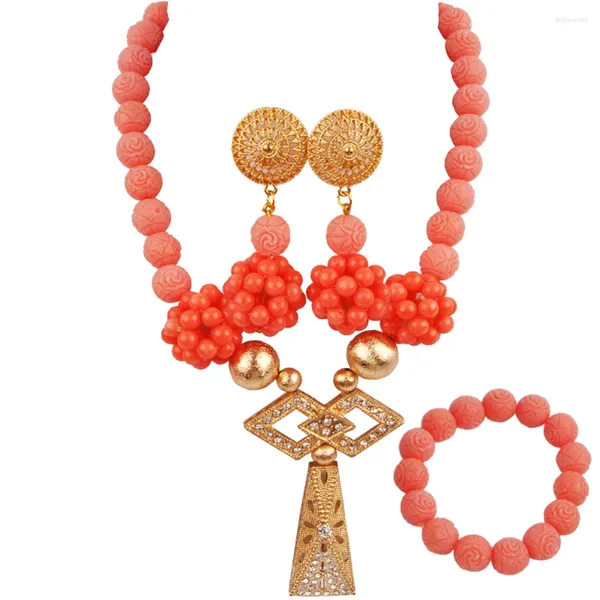 Conjunto de brincos de colar rosa nigeriano casamento contas africanas joias coral 22-12-07-C10
