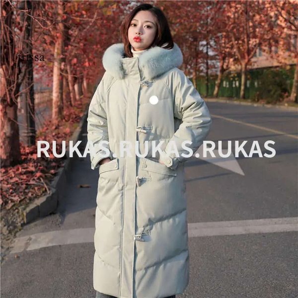 Mulheres e Parka Designer Novo Botão de Canto Para Baixo Comprimento Médio Grosso Solto Gola de Pato Branco Coreano Inverno Cor Sólida Casaco de Algodão