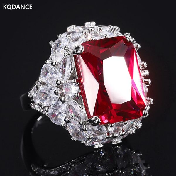 Eheringe KQDANCE erstellt 12 * 16 mm Smaragd-Rubin-Ring mit großem roten / grünen Zirkonstein-Diamant-Hochzeitsfeier-Schmuck für Frauen Großhandel 231214