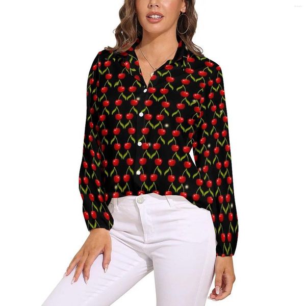 Camicette da donna Camicetta allentata con ciliegie lucide Stampa di frutta rossa Camicia classica oversize femminile a maniche lunghe alla moda Abbigliamento stampato estivo