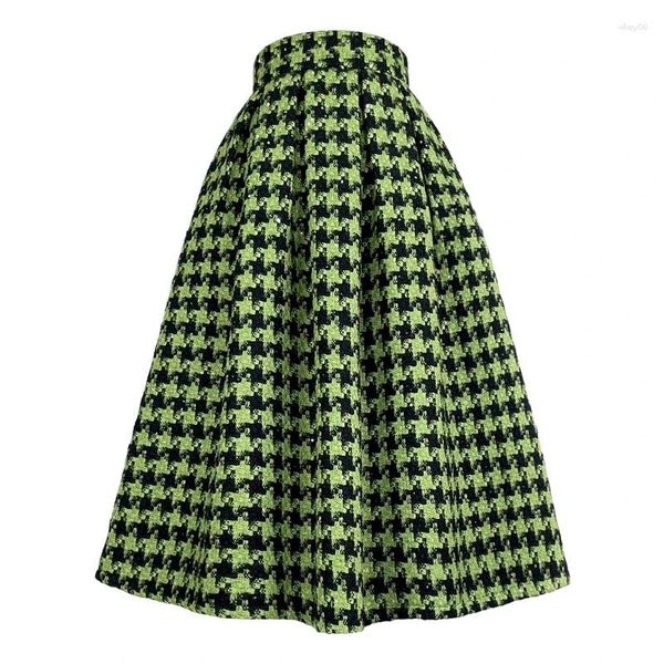 Saias 2023 inverno coreano vintage elegante estilo celebridade verde houndstooth cintura alta longa saia plissada mulher roupas de lã quente