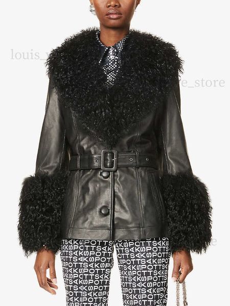 Fourrure femme Fausse fourrure EE1516 fausse fourrure haute qualité luxe femmes fausse fourrure col enlevé poignets hiver longPu cuir manteau avec ceinture femmes T231215