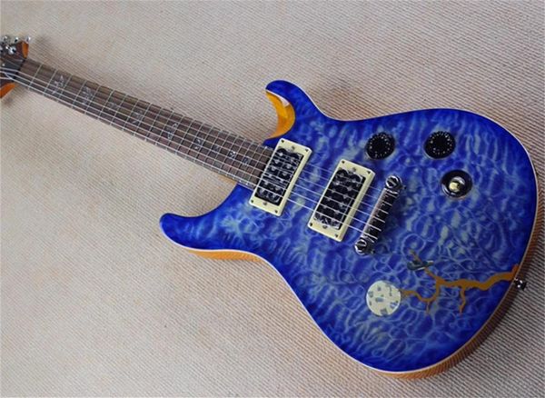 Modelo comemorativo da lua cheia de guitarra elétrica de 6 cordas com folheado de padrão de nuvem em azul, pode ser modificado de acordo com os requisitos