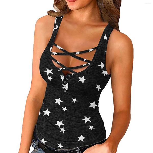 Regatas femininas boho estrela regata sexy verão sem mangas camisas botão para baixo camis cinta cruzada colete feminino apertado atlético