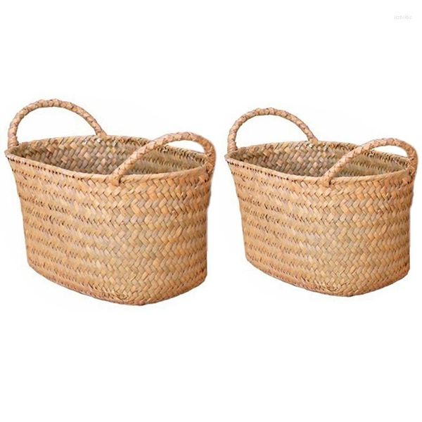 Pratos 2 Pcs Cesta de armazenamento de tecelagem de vime para cozinha Prato de frutas artesanal Rattan Piquenique Pão Sundries Neatening Contém