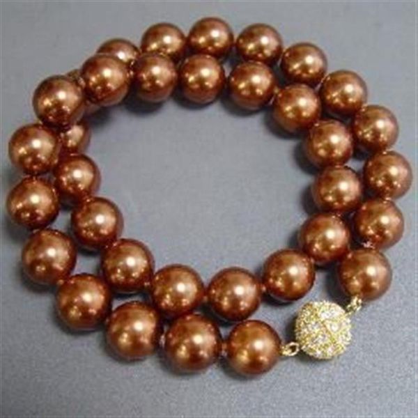 Gioielli in conchiglia Collana con perle di conchiglie dei mari del sud, colore marrone, da 12 mm, chiusura magnetica con strass, nuovo 211K