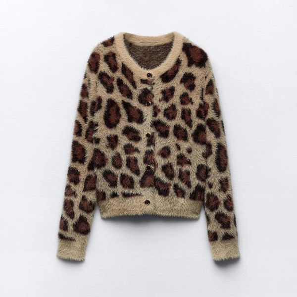 Pele feminina 2024 primavera outono feminino falso animal jacquard malha cardigan leopardo impressão em torno do pescoço manga comprida camisola casaco de malha