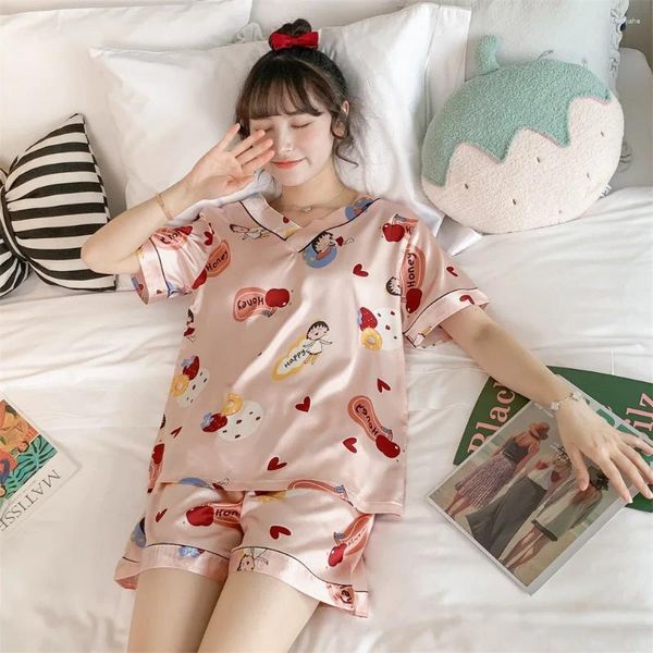 Kadınlar için Kısa Uyku Kısa Uyku Üst Pantolon Pijamas Set Kadınlar Buz İpek Konforlu Karikatür Sevimli Baskılı Nightwear PJS Kadın Kız Ev