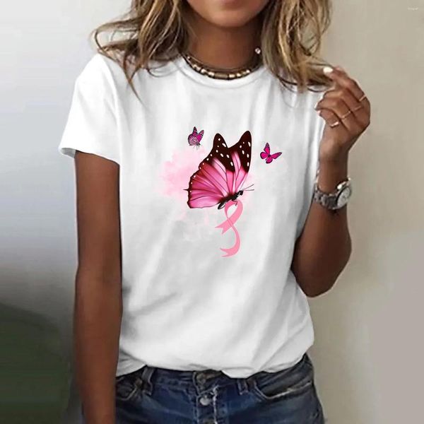 Mulheres Camisetas Rosa Fita Borboleta Impressão Breast Cancer Conscientização Presente T-shirt para Mulheres Oversize Casual Tees Moda Roupas Diárias em