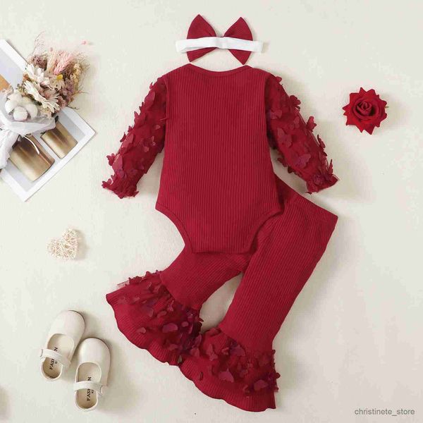 Giyim Setleri Yeni doğan kız bebek giysileri Seti Toddler Mektup Kelebek Uzun Kollu Bodysuit+Alevlenmiş Pantolon+Kafa Bandı Bebek Moda Giysisi R231215