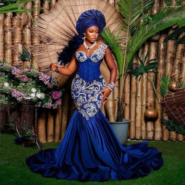 Abiti da festa Splendido abito da ricevimento di nozze tradizionale nigeriano Abito da cerimonia formale in pizzo ricamato blu africano Abiti da sera Aso Ebi