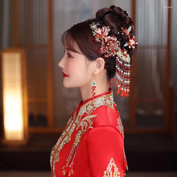 Braut Xiu He Kopfschmuck Roter Anzug Hergestellte Blumenflüssigkeit Chinesische Fransen Schritt Schütteln Cheongsam Kleid Alte Hochzeitsaccessoires