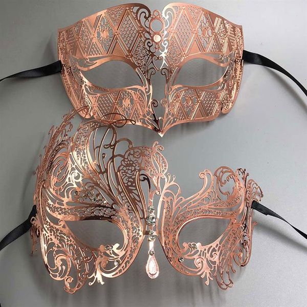 Oro rosa Donna Uomo Coppia Coppia Amante in metallo leggero Taglio laser Filigrana Veneziana Mardi Gras Ballo in maschera Maschere da ballo Set T2206z