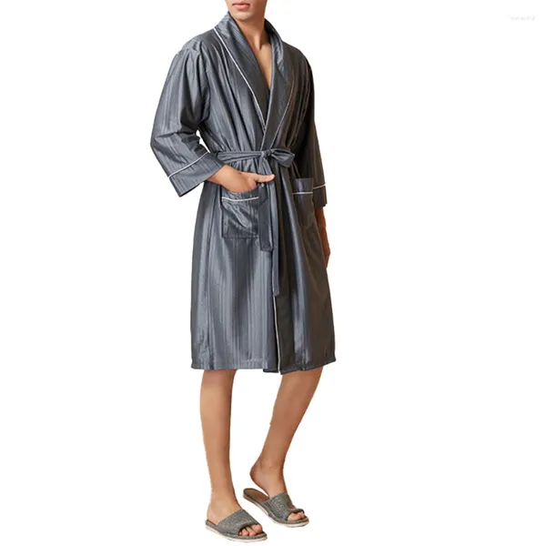 Herren-Nachtwäsche, Herren-Satin-Kimono-Robe, stilvolle Kontrast-Langarm-Nachtwäsche mit V-Ausschnitt und Taschen, luxuriöser Bademantel, Heimkleidung