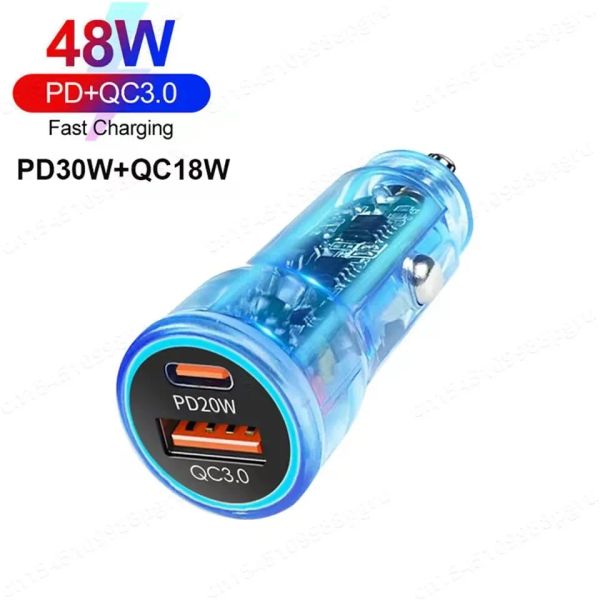 Cargador de coche USB C de carga rápida de 48W transparente PD QC3.0 USB cargador de coche de carga súper rápida adaptador de corriente para iPhone 15 14 Xiaomi Huawei Samsung