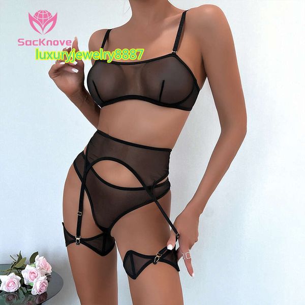 SACKnove W688 Conjunto de 3 peças da moda do dia dos namorados Ligas sedutoras Suspensório Sexy Shemale Lingerie Conjunto de roupa íntima feminina