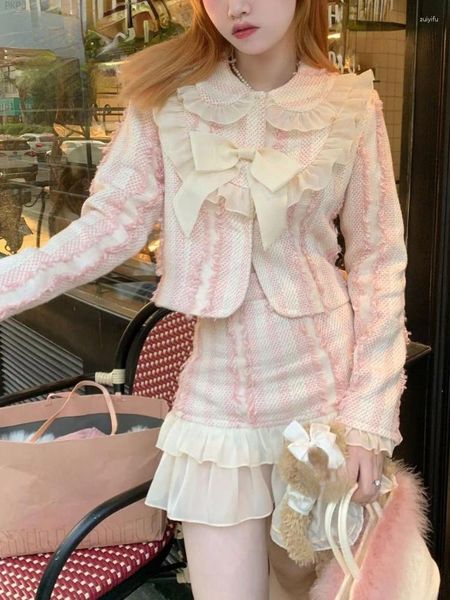 Vestidos de trabalho rosa kawaii elegante saia terno feminino xadrez coreano doce duas peças conjunto inverno 2024 manga longa o-pescoço casaco festa mini