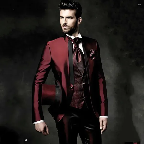 Erkekler Suits Burgundy Erkekler Erkekler İçin Yakışıklı Düğün Terzi Yapıldı Damat Smokin Vintage İtalyan Formal 3 Parçası