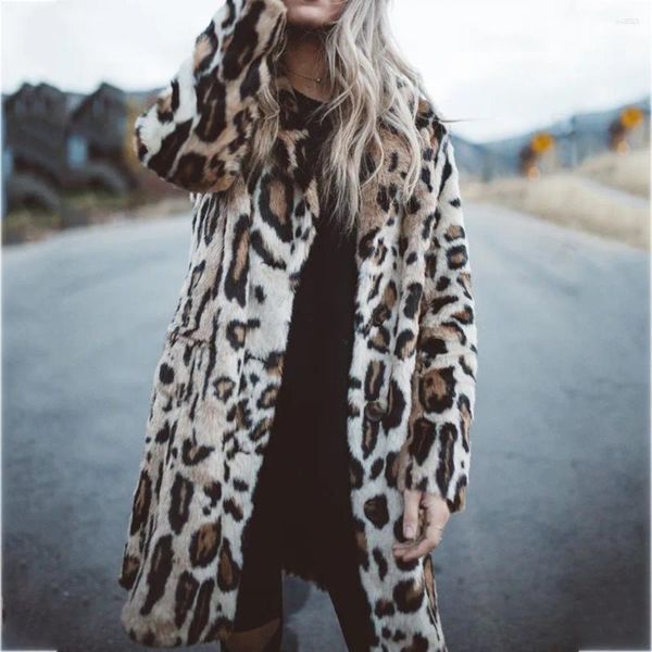 Chaquetas de mujer Otoño Moda Mujeres Leopardo Impresión Abrigos de piel sintética Señoras Cálido Abrigo largo Streetwear Manga Casual Abrigo grueso F30