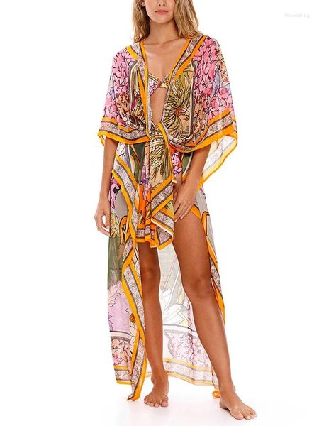 Kadın Mayo Colorblock Çiçek Baskı Bikini ve Kapak Plajı Çıkış Elbise Tarzı Maması Seksi / Kimono 2023