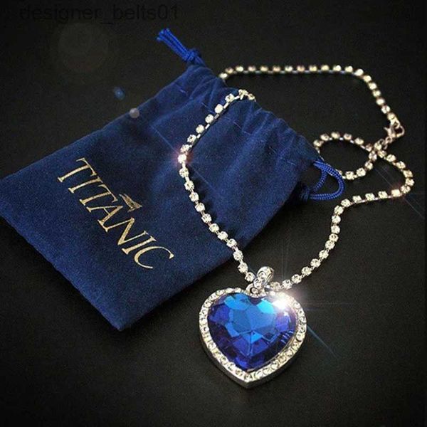 Colares com pingente Titanic Heart of Ocean Blue Heart Forever Colar com pingente + bolsa de veludoL231215