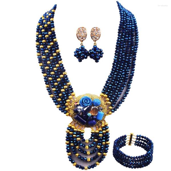 Collana orecchini set costume placcato blu donne perline africane gioielli matrimonio tradizionale nigeriano