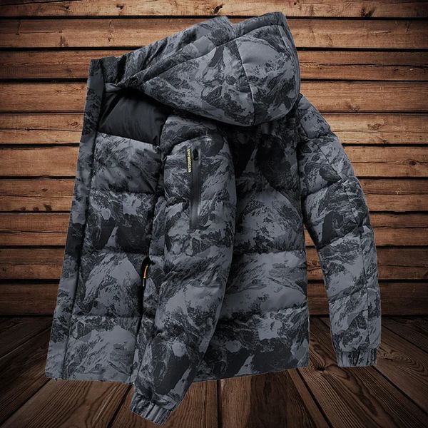 Мужская куртка-пуховик из искусственного серого камуфляжа, мужские куртки-парки, зимние спортивные ветровки для спорта на открытом воздухе, пальто с капюшоном, теплое утолщенное стеганое пальто 231215
