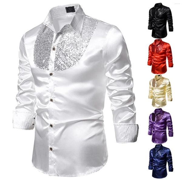 Camisas de vestido masculinas Camisa de lantejoulas Performance Nightclub Host MC Lapel Manga Longa Cor Sólida Mens