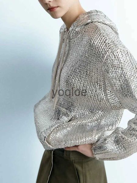Suéteres femininos elegantes suéter de seda brilhante mulheres moda o pescoço longo sle nó textura de malha pulôver outono cor metálica senhora malhas j231215