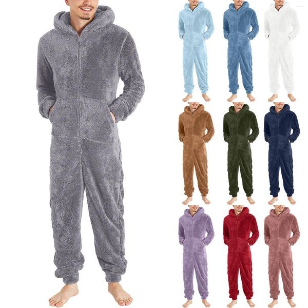 Erkekler Pantolon Erkek Bulanık Onesie Yapay Yün Uzun Kollu Pijamalar Sıradan Düz Renk Fermuarı Gevşek Peluş Kapşonlu Tulum Pantolon