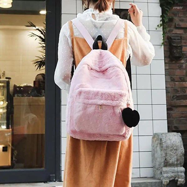 Школьные сумки, модный милый однотонный рюкзак из искусственного плюша, зимний мягкий женский большой рюкзак с двумя плечами, розовый, черный, с подвеской в виде сердца