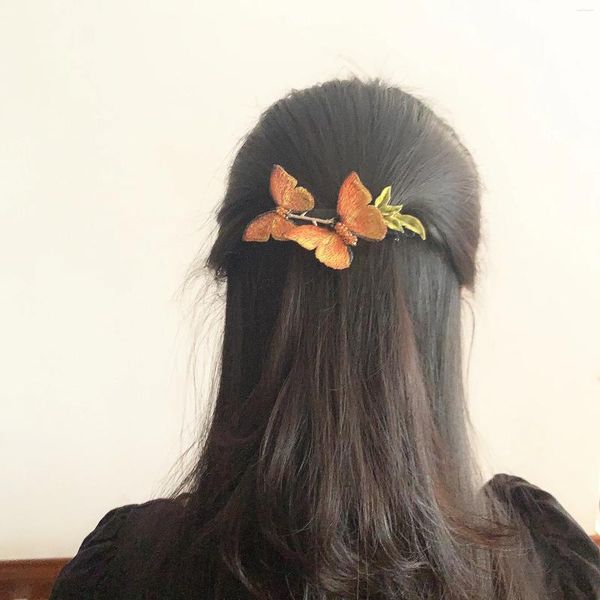 Elegante, mit Farbverlauf bestickte Schmetterlings-Haarnadel, antike Fee, schöne Schleife, seitlicher Clip, handgefertigt