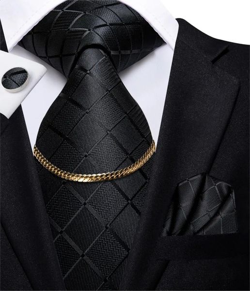Hals Bindungen Hitie Business Black Luxury Plaid Herren Krawatte Seiden Krawatten Mode Kette Hanky Manschettenknöpfe Set Design Geschenk für Männer Hochzeit 231214