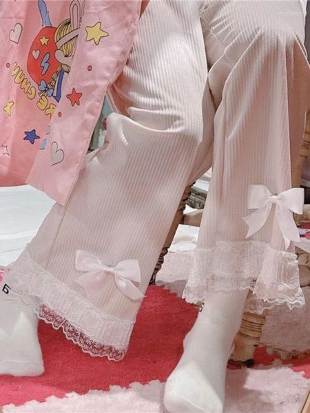 Damenhosen HOUZHOU Japanische Mode Lolita Kawaii Hohe Taille Cord Frauen Süße Schleife Spitze Breites Bein Grily Y2k Lose Hose