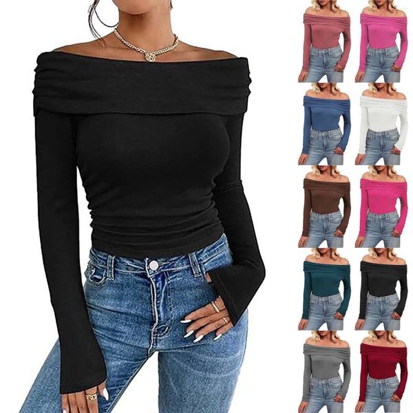 Blusas femininas com ombro de fora manga comprida top franzido para sair tops slim fit y2 k camisa cropped